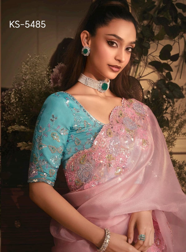Kimora KS-5485 Pastel Pink Saree with Aqua Blue Embroidered Blouse – Single Pcs M.R. Saree Emporium