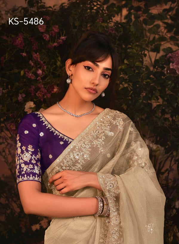 Kimora KS-5486 Beige Saree with Royal Purple Embroidered Blouse – Single Pcs M.R. Saree Emporium