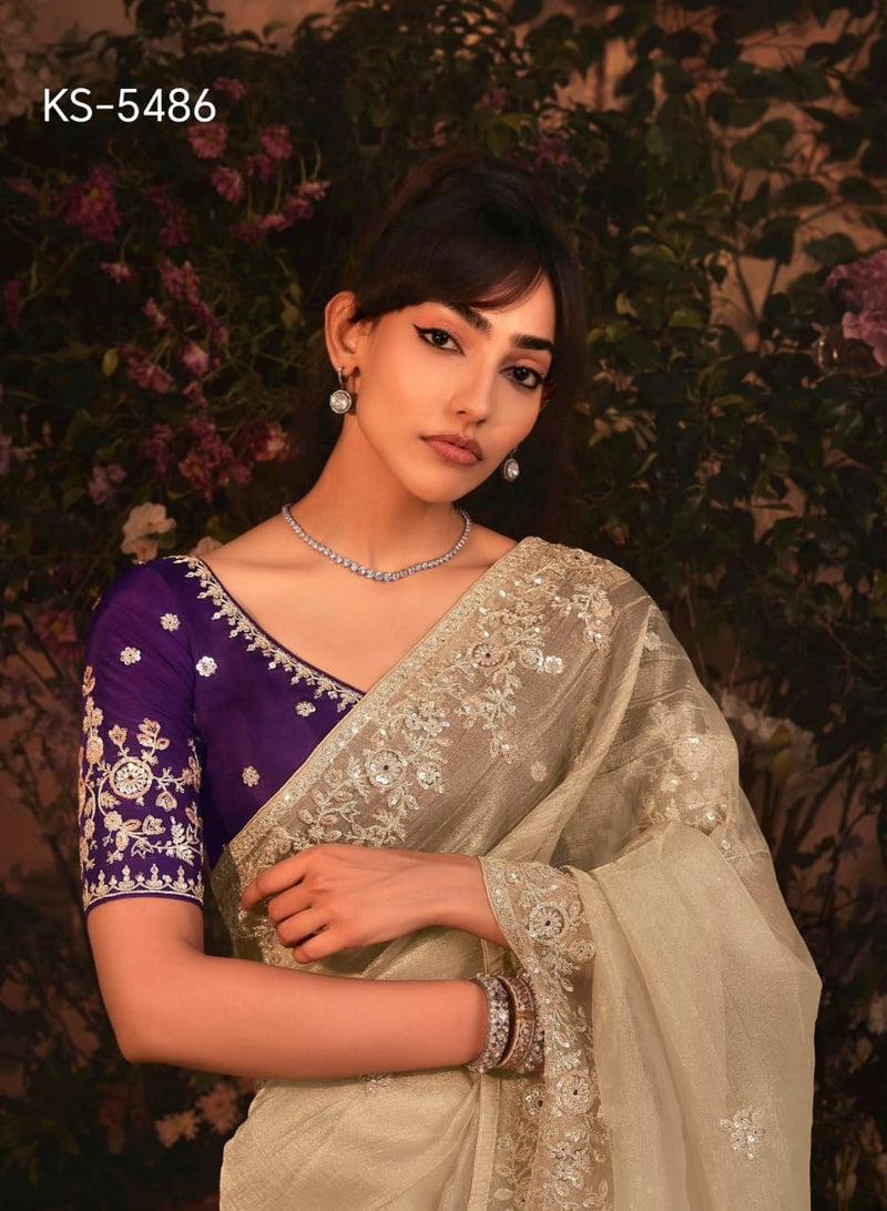 Kimora KS-5486 Beige Saree with Royal Purple Embroidered Blouse – Single Pcs M.R. Saree Emporium