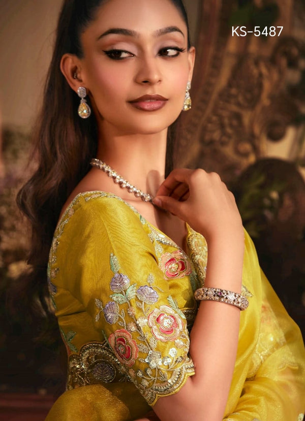 Kimora KS-5487 Yellow Saree with Multicolor Floral Embroidered Blouse – Single Pcs M.R. Saree Emporium