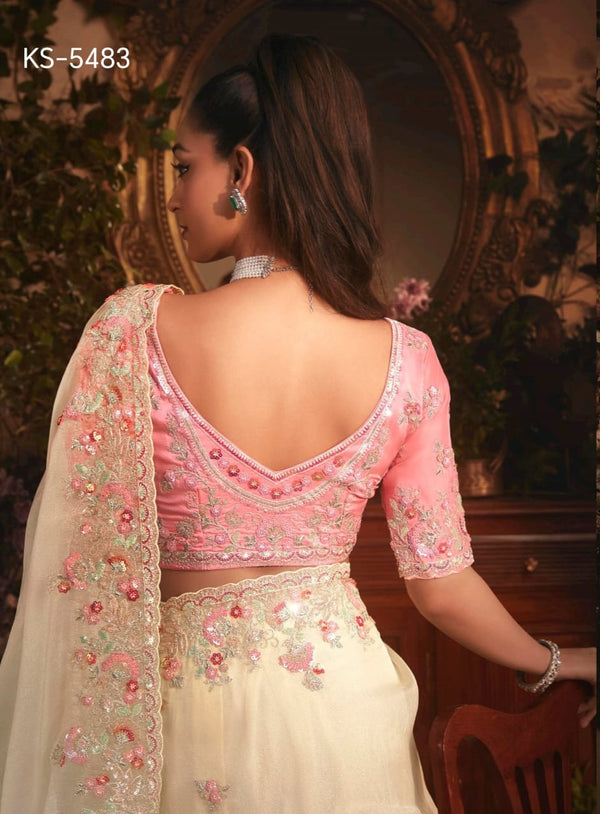 Kimora KS-5483 Pink Embroidered Blouse with Cream Saree – Single Pcs M.R. Saree Emporium