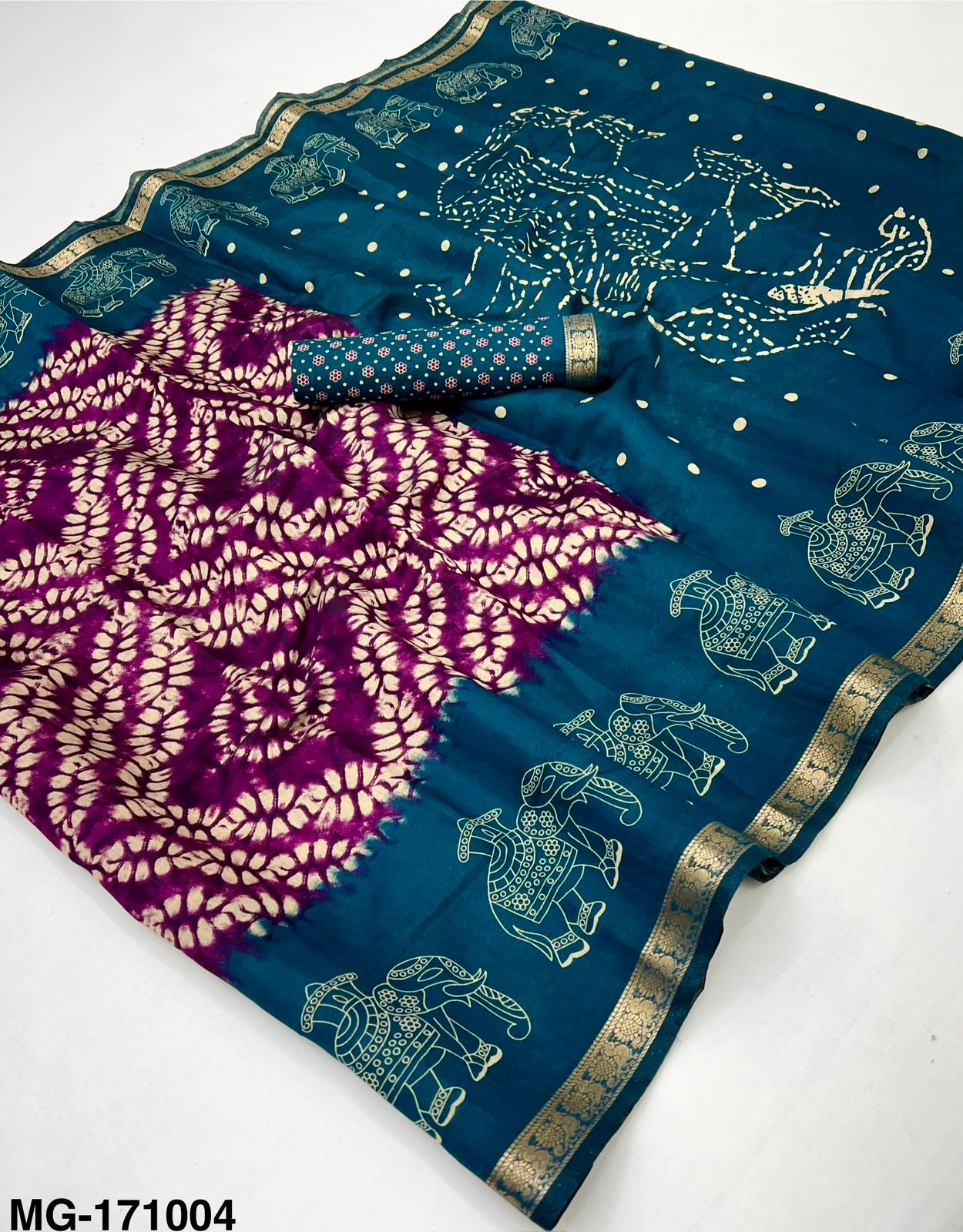 Rajyog Elephanta Mangalgiri Cotton Saree with Shibory Print & Jacquard Zari Border - 4 Piece Set & Single Piece Available - M.R. Saree Emporium