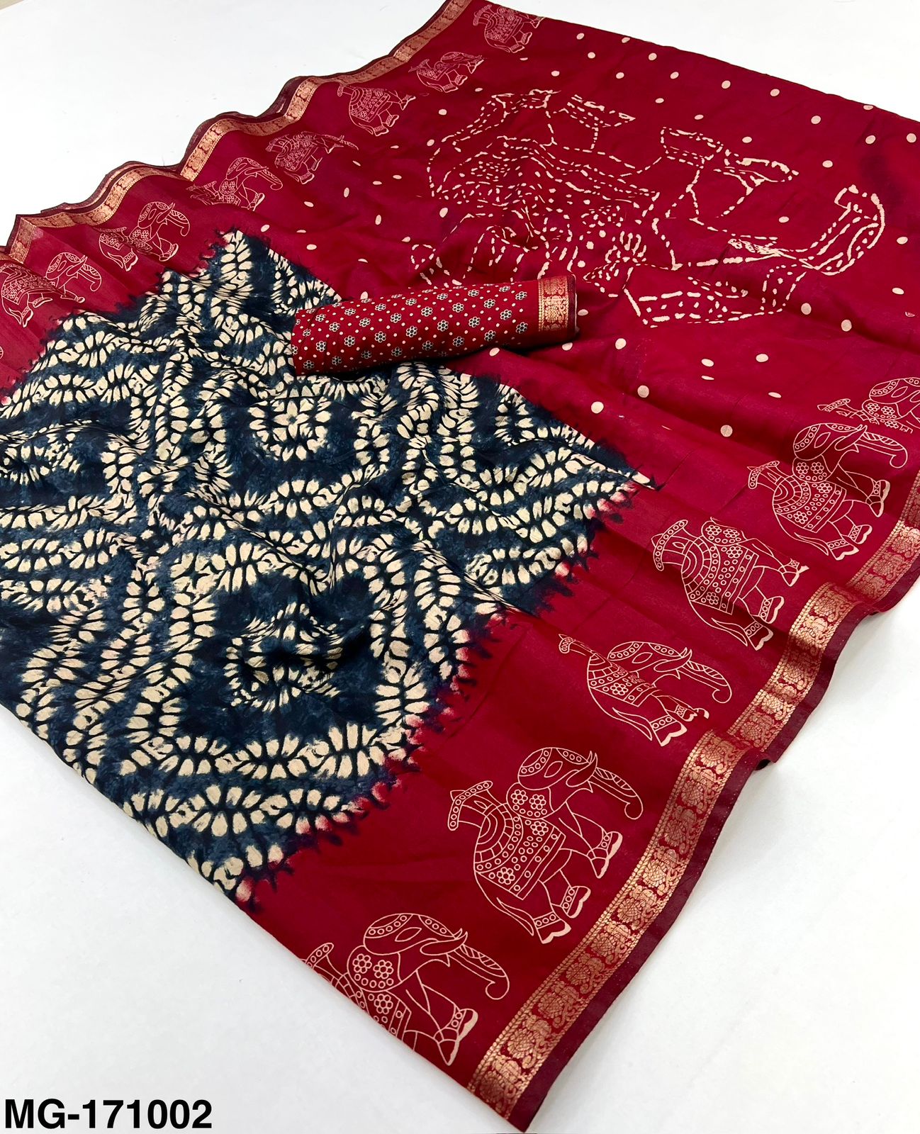 Rajyog Elephanta Mangalgiri Cotton Saree with Shibory Print & Jacquard Zari Border - 4 Piece Set & Single Piece Available - M.R. Saree Emporium