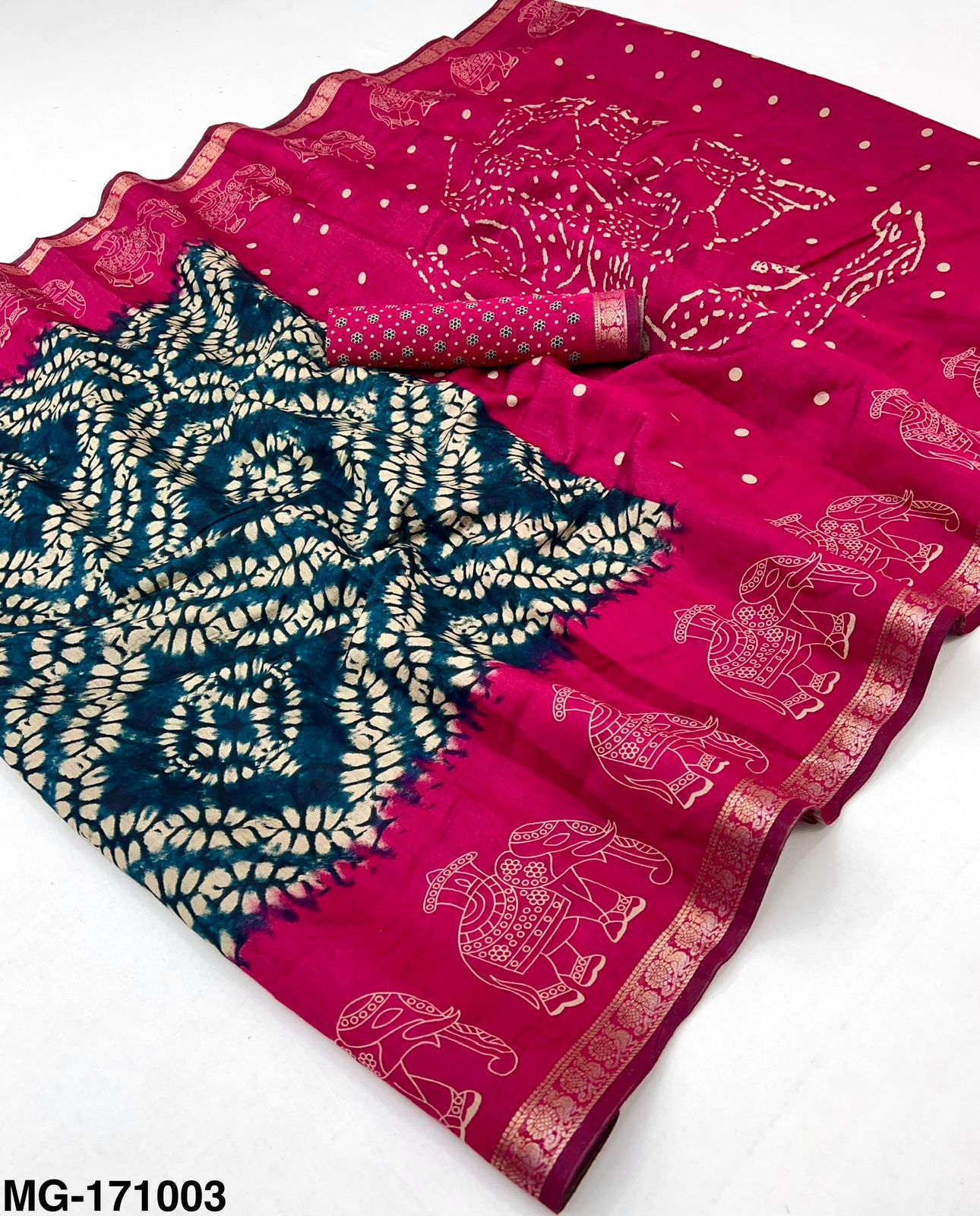 Rajyog Elephanta Mangalgiri Cotton Saree with Shibory Print & Jacquard Zari Border - 4 Piece Set & Single Piece Available - M.R. Saree Emporium