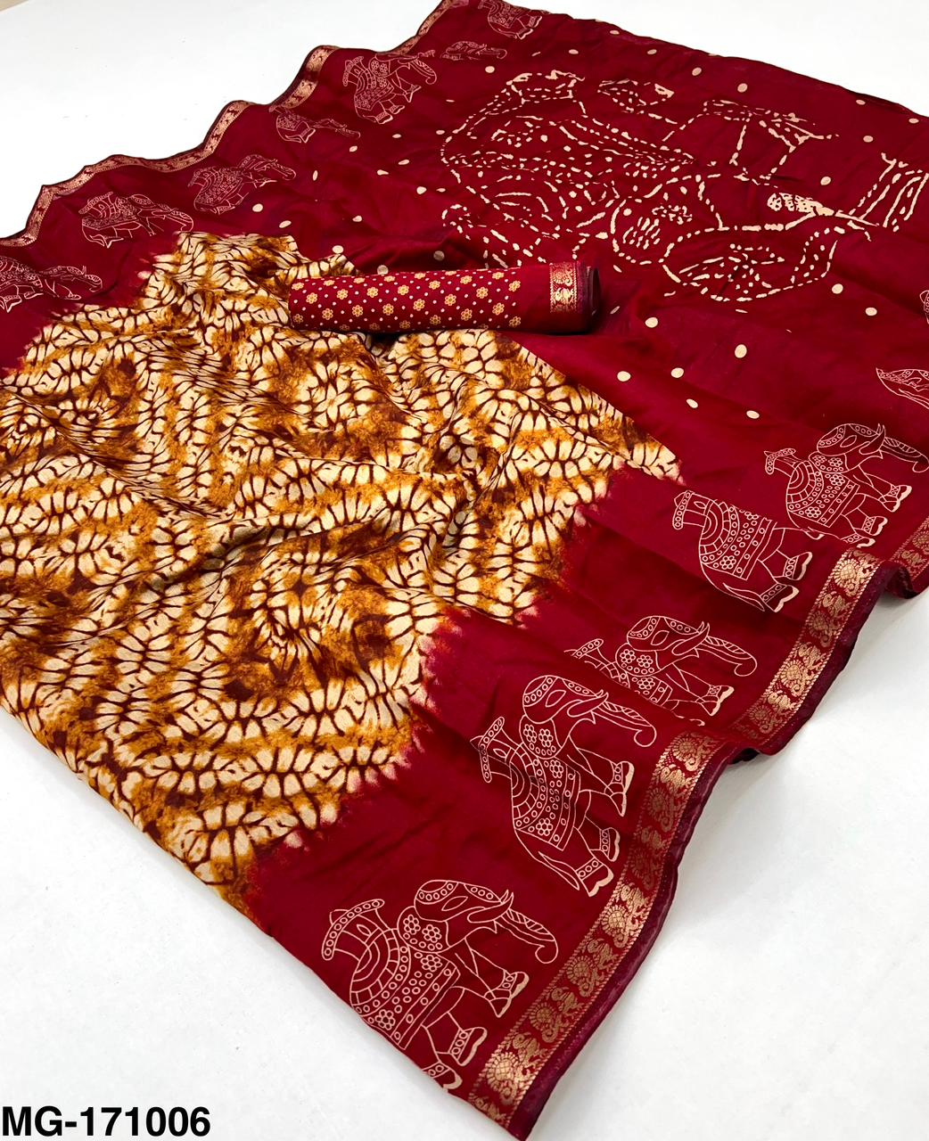 Rajyog Elephanta Mangalgiri Cotton Saree with Shibory Print & Jacquard Zari Border - 4 Piece Set & Single Piece Available - M.R. Saree Emporium
