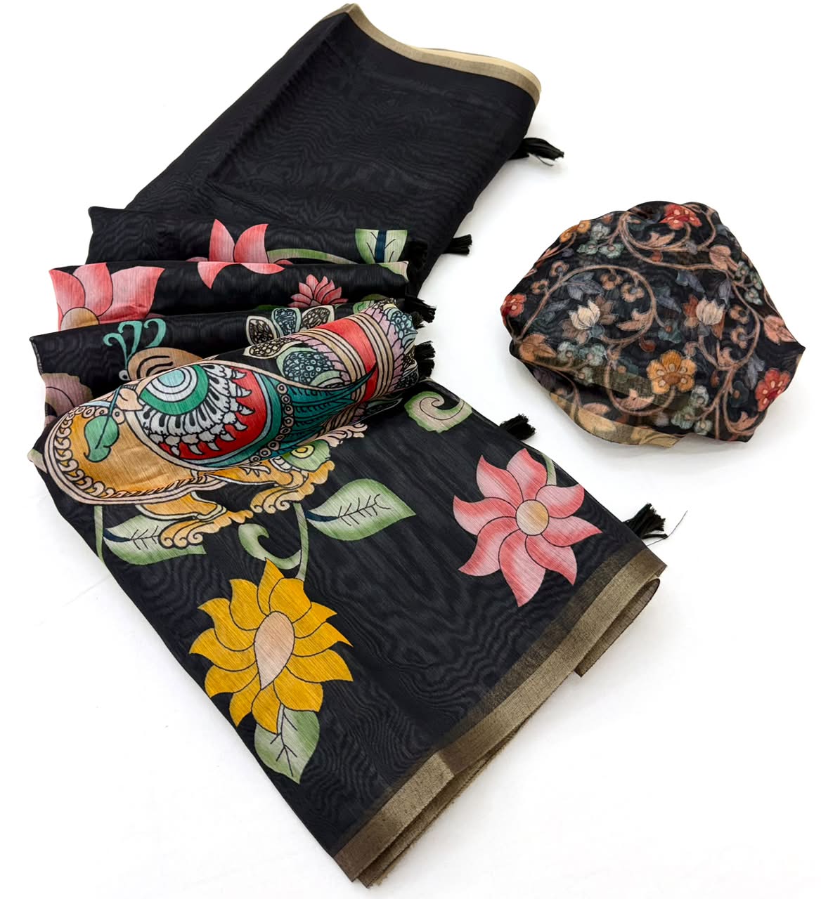 Rajyog Kazari Chanderi Linen Kalamkari Print Saree - Weaving Border