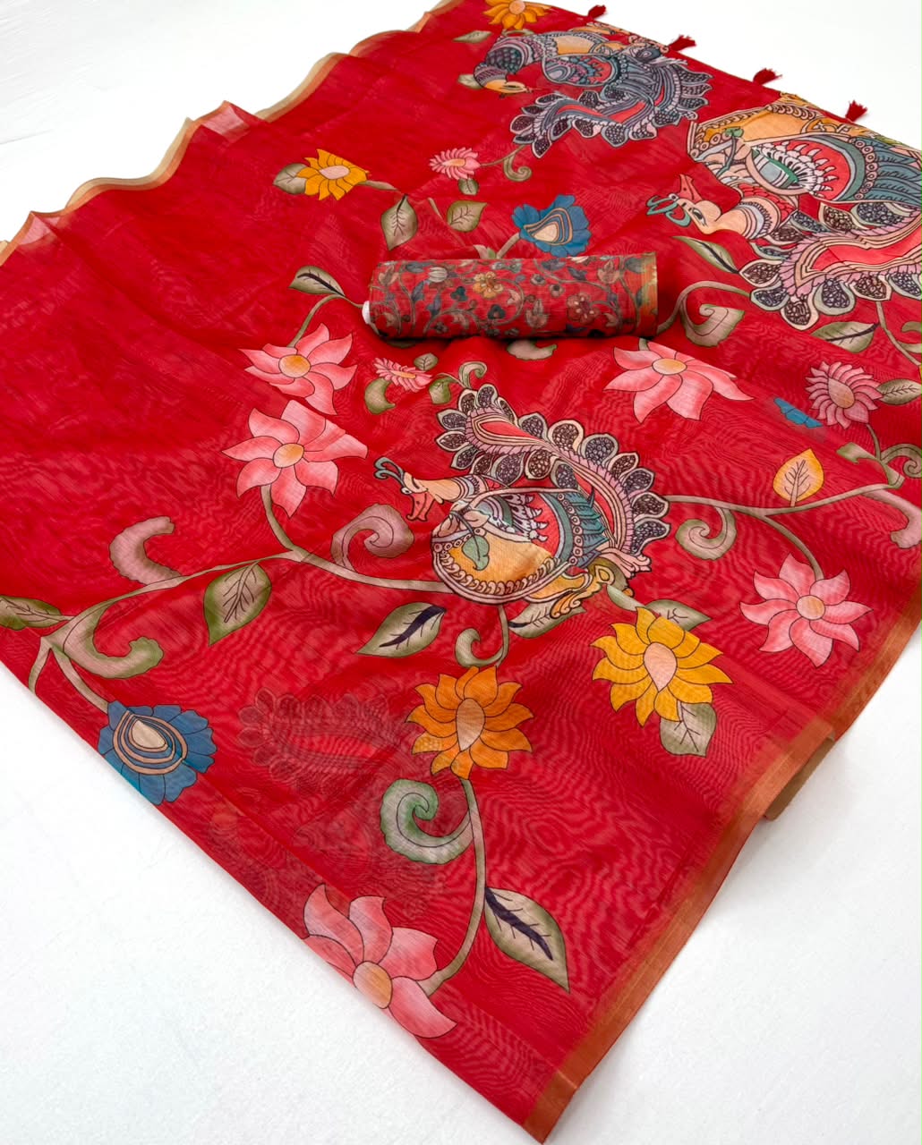 Rajyog Kazari Chanderi Linen Kalamkari Print Saree - Weaving Border