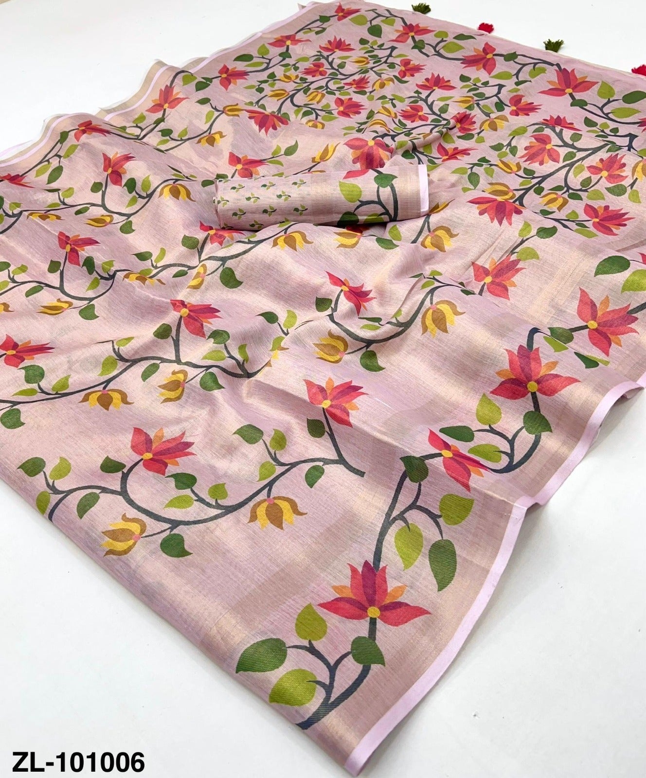 Zari Linen Chanderi Saree with Patola Digital Print & Tassels – Floral Designer Saree Available in 6 piece set & single piece - M.R. Saree Emporium