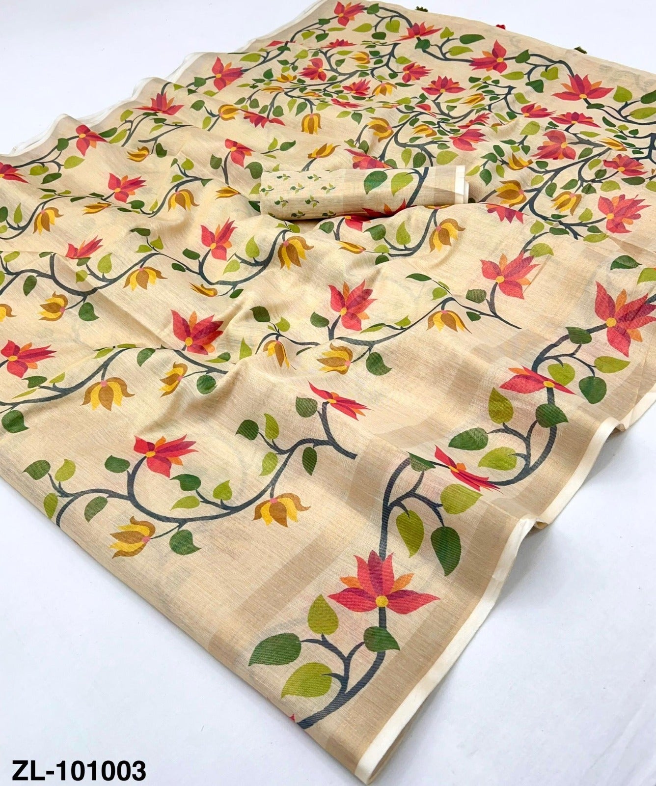 Zari Linen Chanderi Saree with Patola Digital Print & Tassels – Floral Designer Saree Available in 6 piece set & single piece - M.R. Saree Emporium