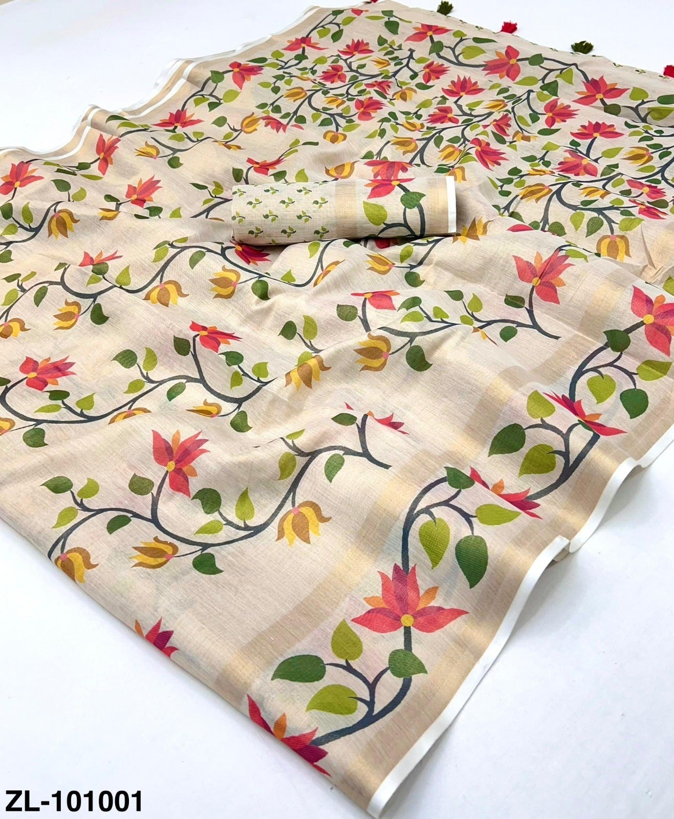Zari Linen Chanderi Saree with Patola Digital Print & Tassels – Floral Designer Saree Available in 6 piece set & single piece - M.R. Saree Emporium