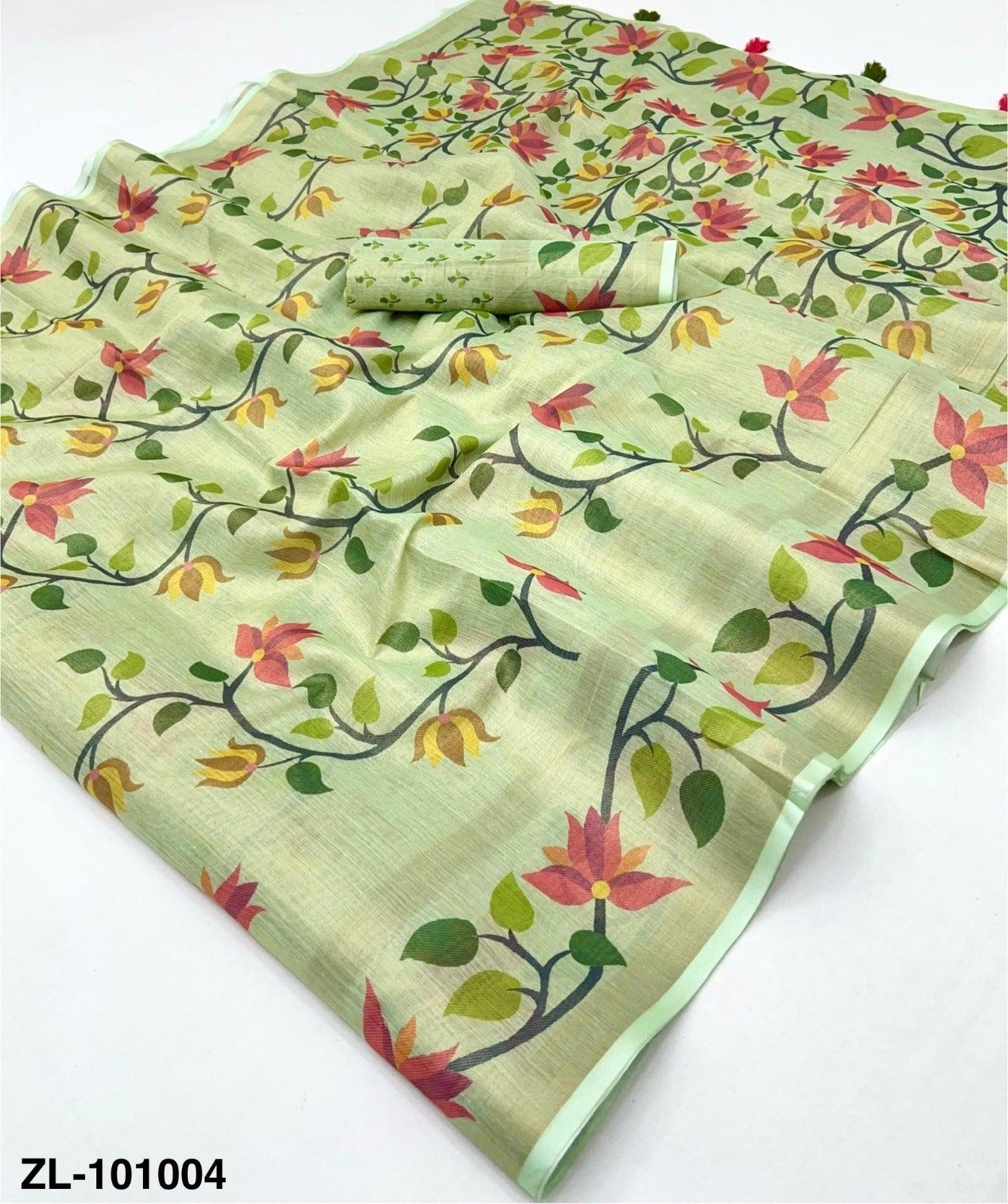 Zari Linen Chanderi Saree with Patola Digital Print & Tassels – Floral Designer Saree Available in 6 piece set & single piece - M.R. Saree Emporium