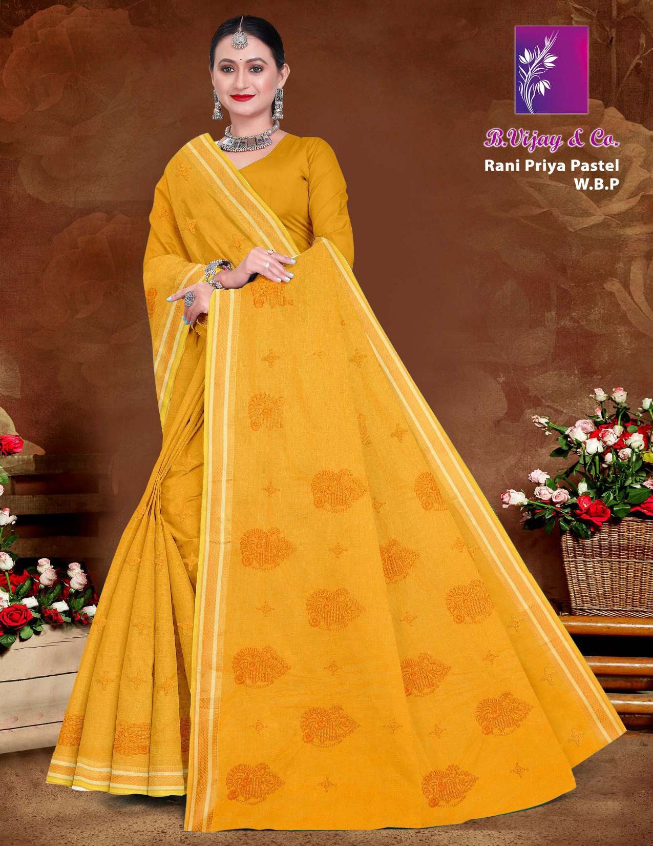 B. Vijay & Co. Rani Priya Pastel W.B.P Mustard Yellow Printed Cotton Saree – 8 Pcs Set-M.R. Saree Emporium