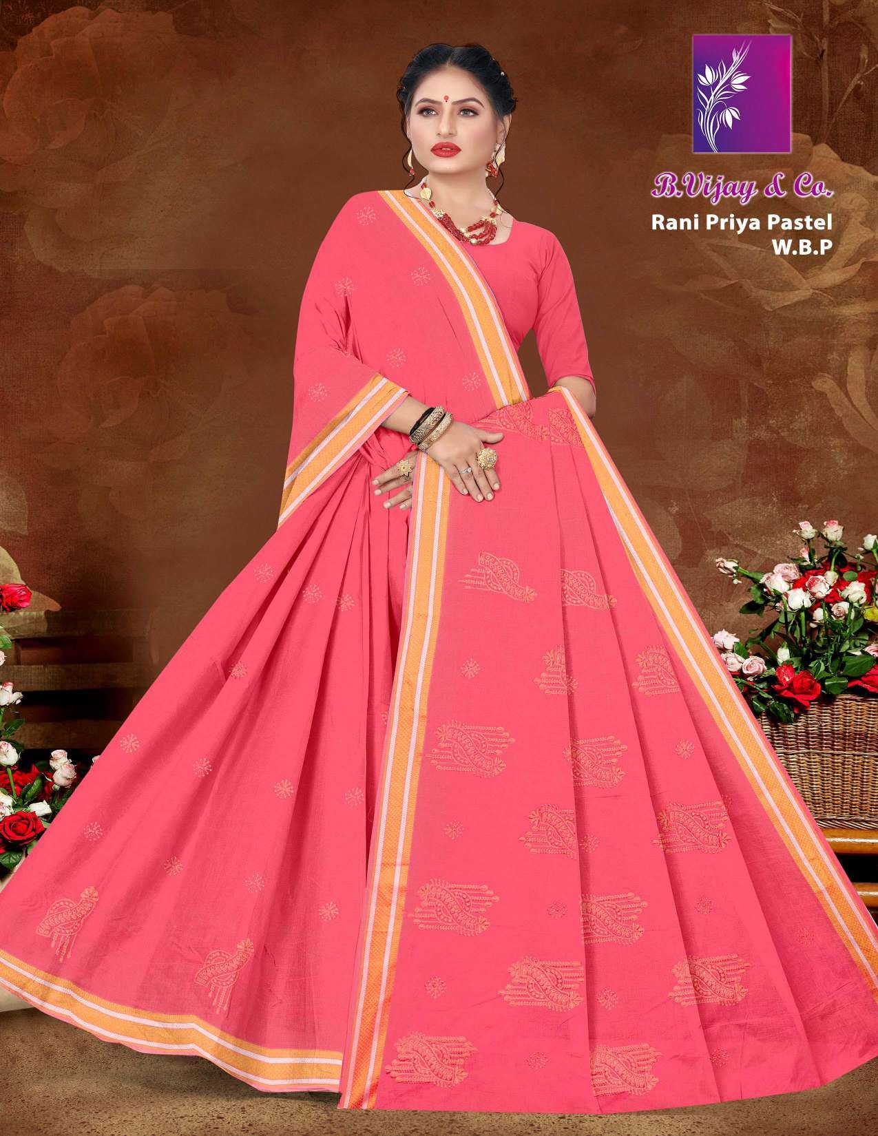 B. Vijay & Co. Rani Priya Pastel W.B.P Mustard Yellow Printed Cotton Saree – 8 Pcs Set-M.R. Saree Emporium