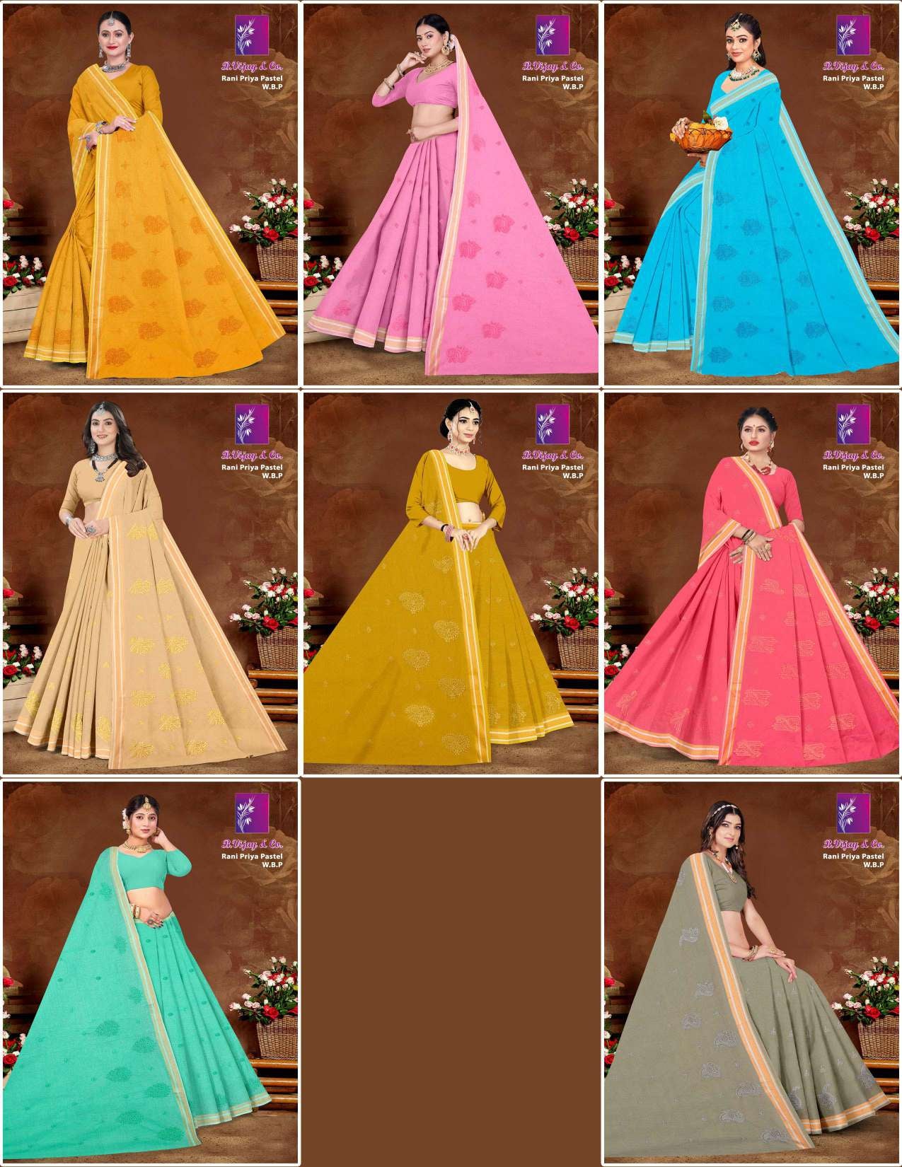 B. Vijay & Co. Rani Priya Pastel W.B.P Mustard Yellow Printed Cotton Saree – 8 Pcs Set-M.R. Saree Emporium