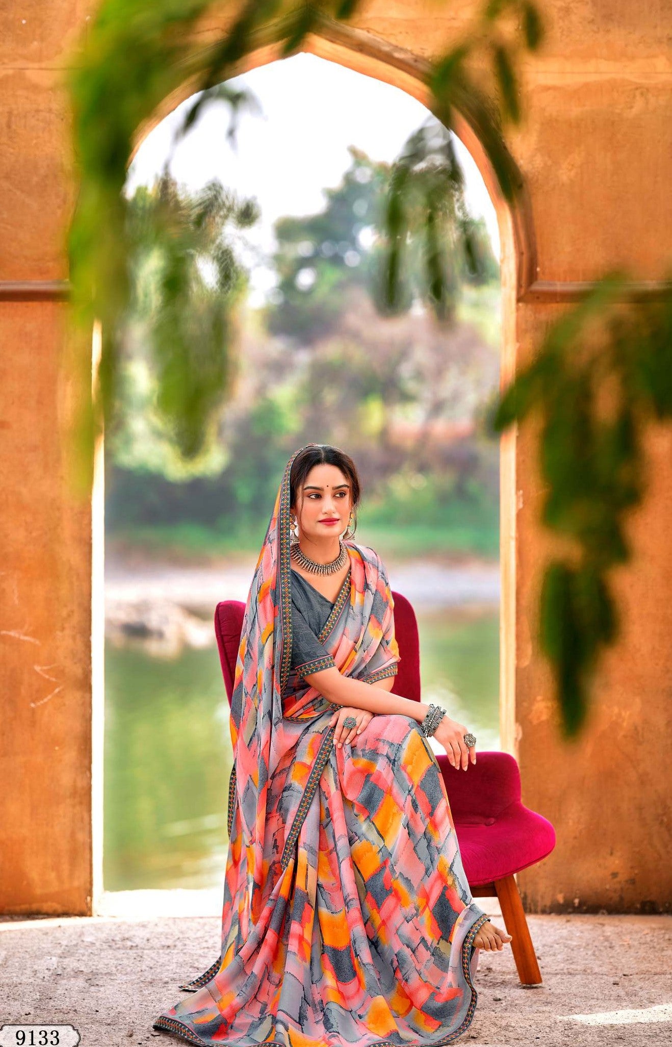 Krishnaleela Riyasat Fancy Fabrics Printed Saree with Designer Border - 8 PCS Set