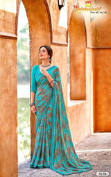 Krishnaleela Riyasat Fancy Fabrics Printed Saree with Designer Border - 8 PCS Set