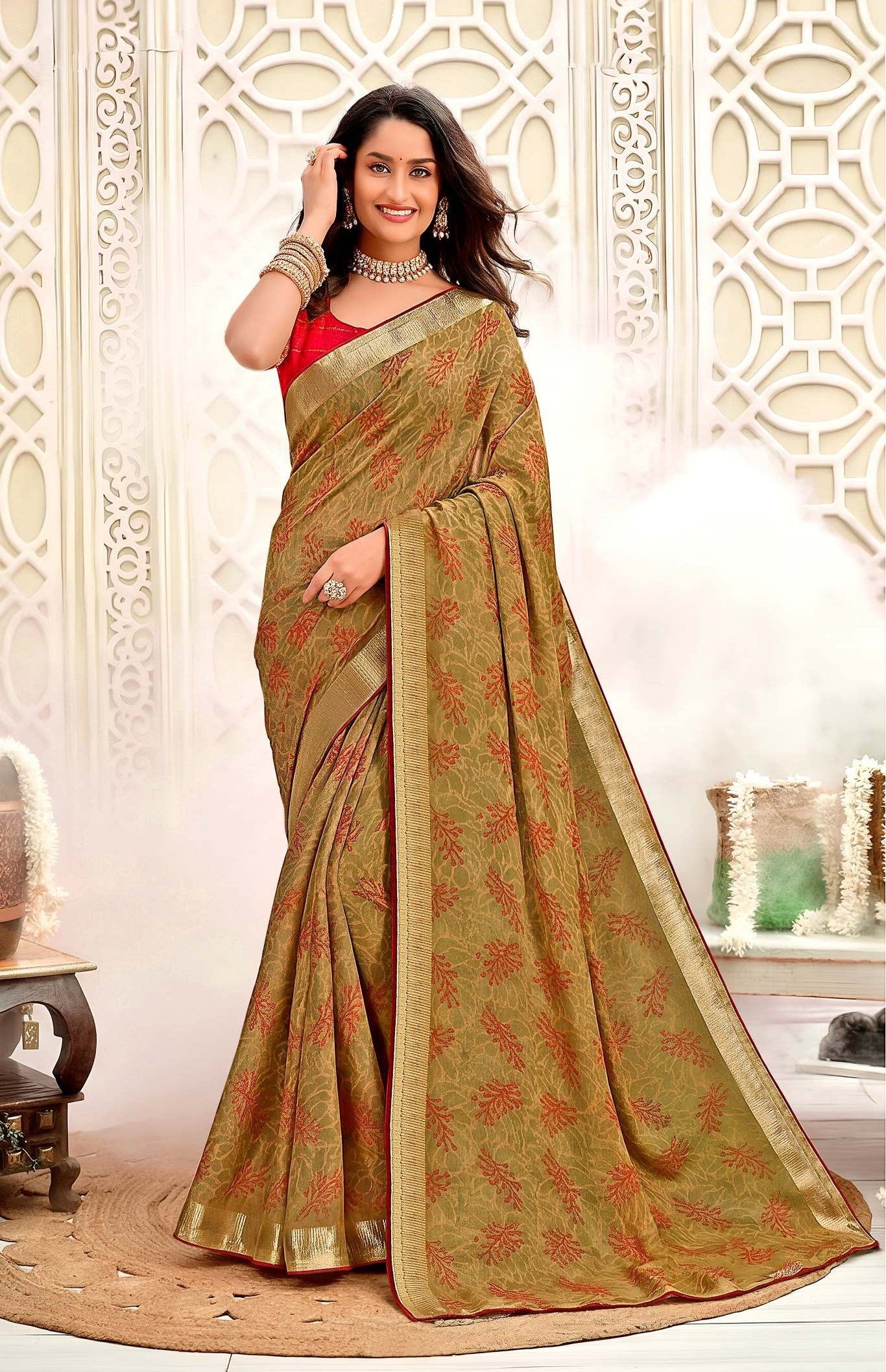 Krishnaleela Roohani-4 Fancy Fabrics Printed Saree with Designer Border - 8 PCS Set