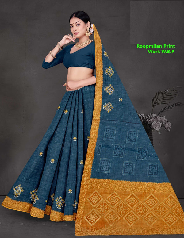 Roopmilan Pure Cotton Print Work Saree – 8 Pcs Set M.R. Saree Emporium