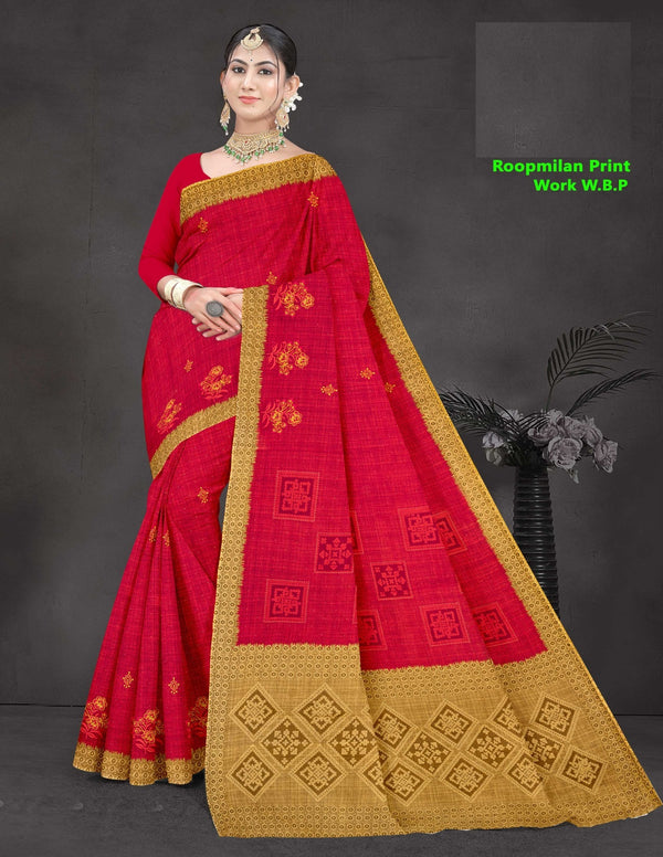 Roopmilan Pure Cotton Print Work Saree – 8 Pcs Set M.R. Saree Emporium