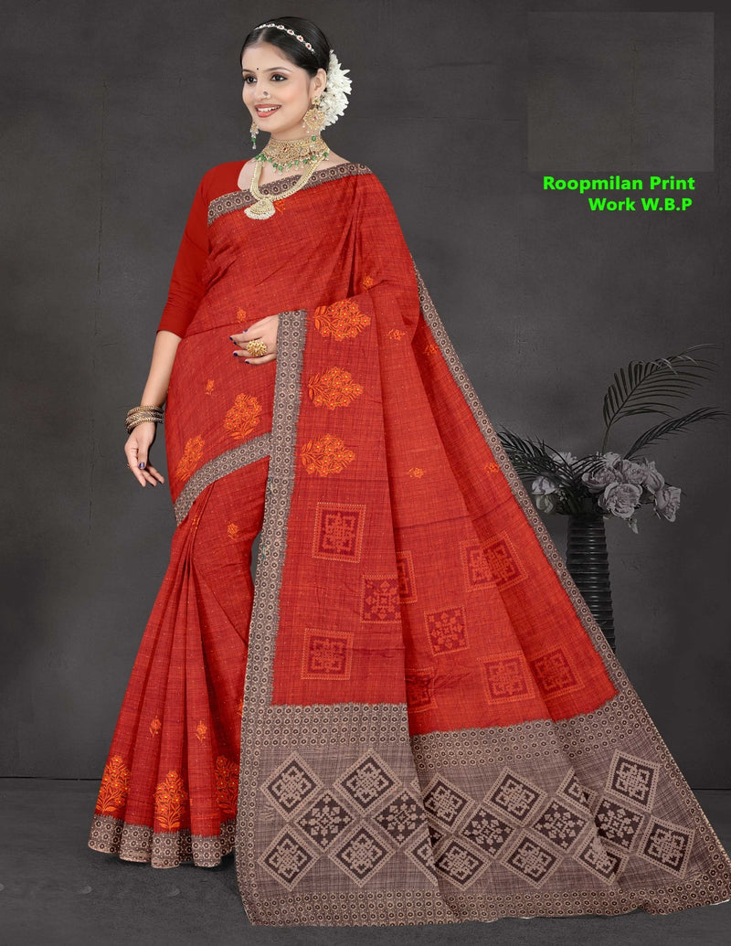 Roopmilan Pure Cotton Print Work Saree – 8 Pcs Set M.R. Saree Emporium