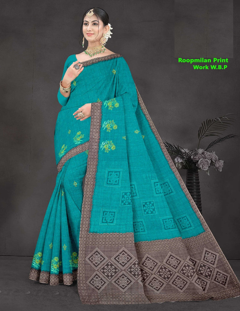 Roopmilan Pure Cotton Print Work Saree – 8 Pcs Set M.R. Saree Emporium