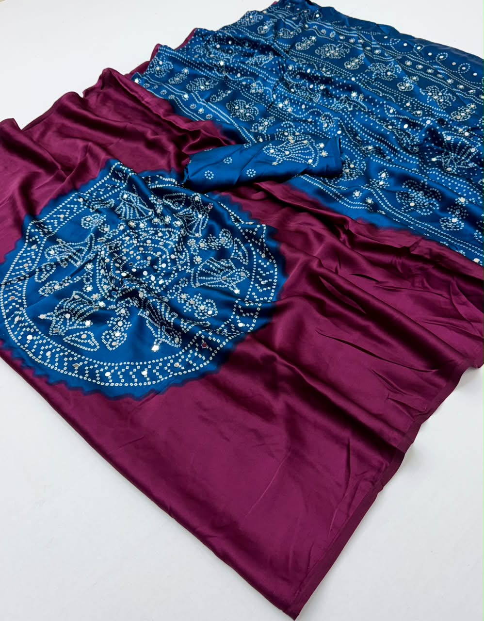 Fancy Look Series Gajji Satin Ajrakh Print Mirror Work Saree