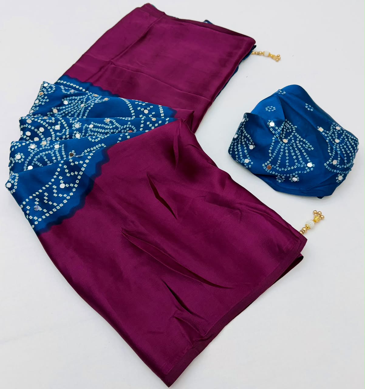 Fancy Look Series Gajji Satin Ajrakh Print Mirror Work Saree
