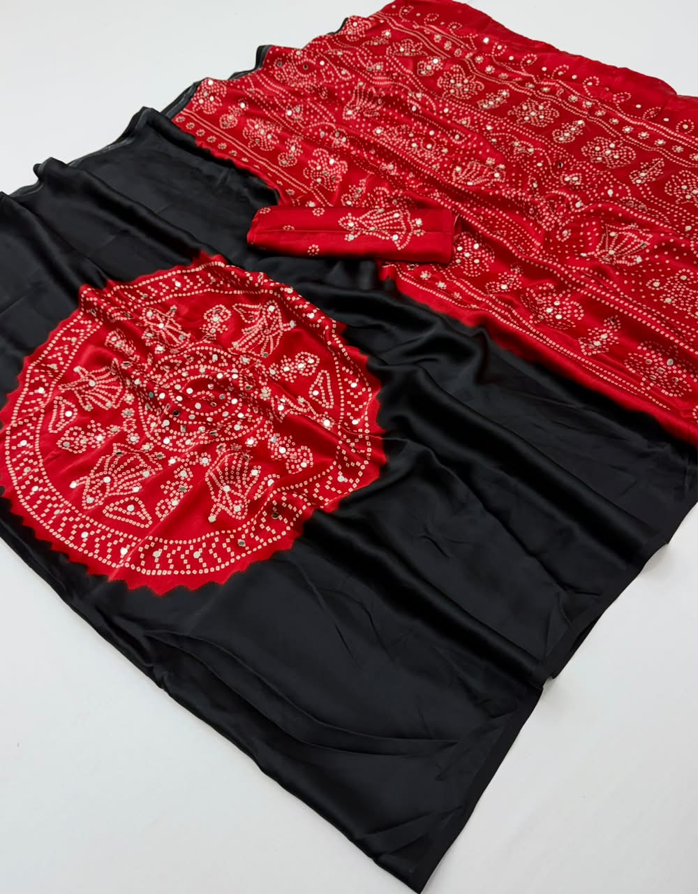 Fancy Look Series Gajji Satin Ajrakh Print Mirror Work Saree