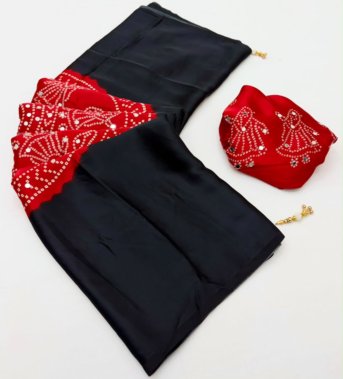 Fancy Look Series Gajji Satin Ajrakh Print Mirror Work Saree