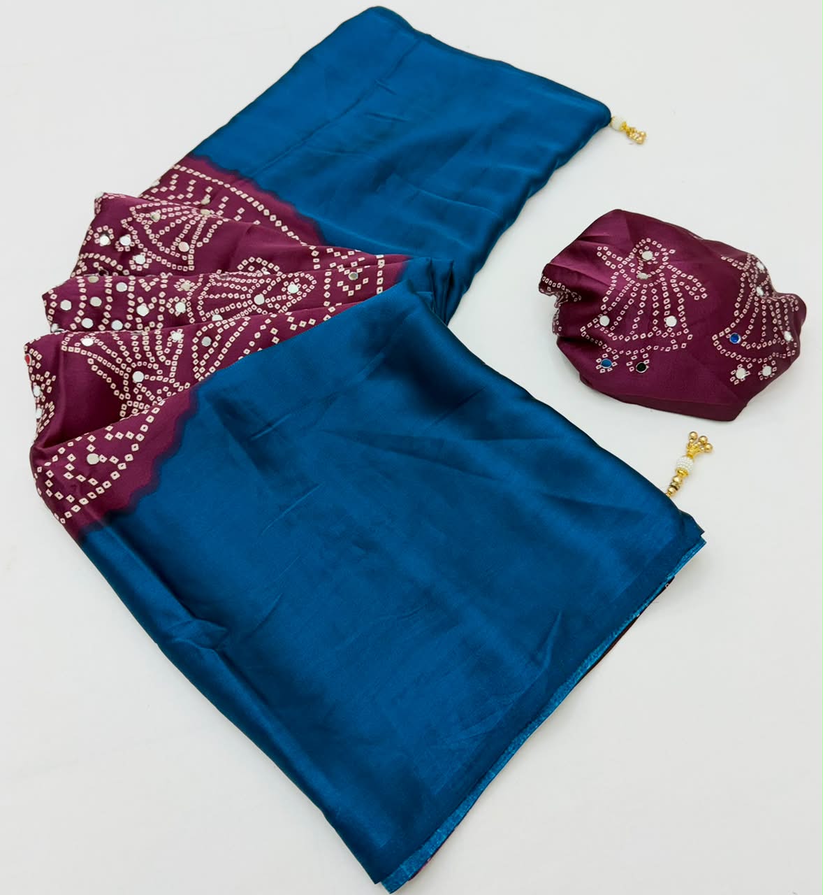 Fancy Look Series Gajji Satin Ajrakh Print Mirror Work Saree
