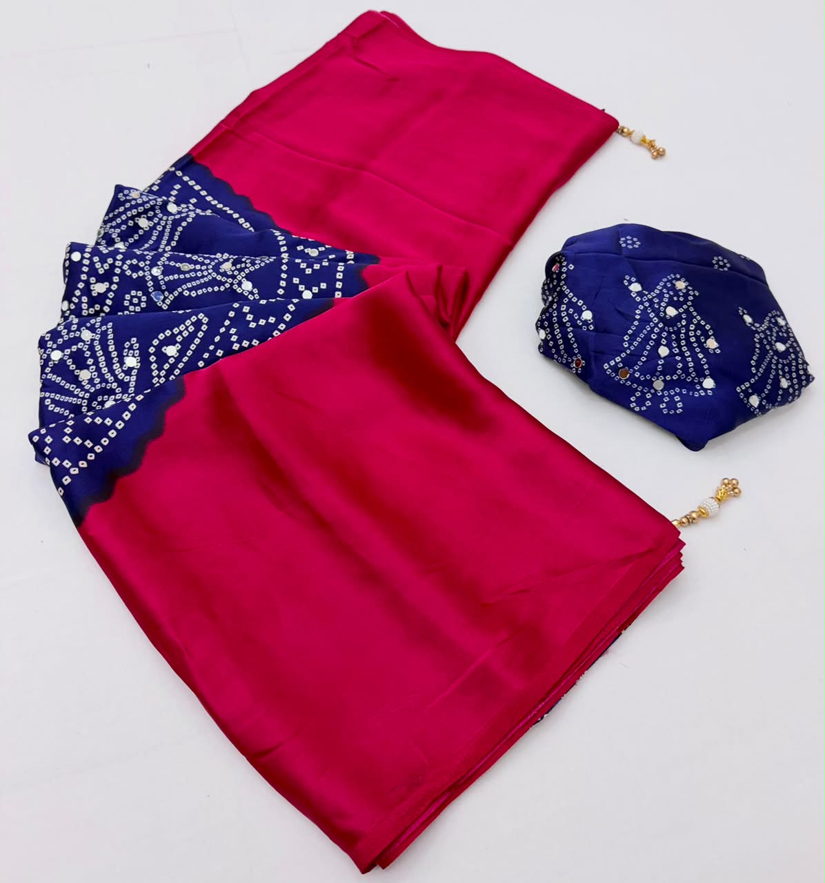 Fancy Look Series Gajji Satin Ajrakh Print Mirror Work Saree