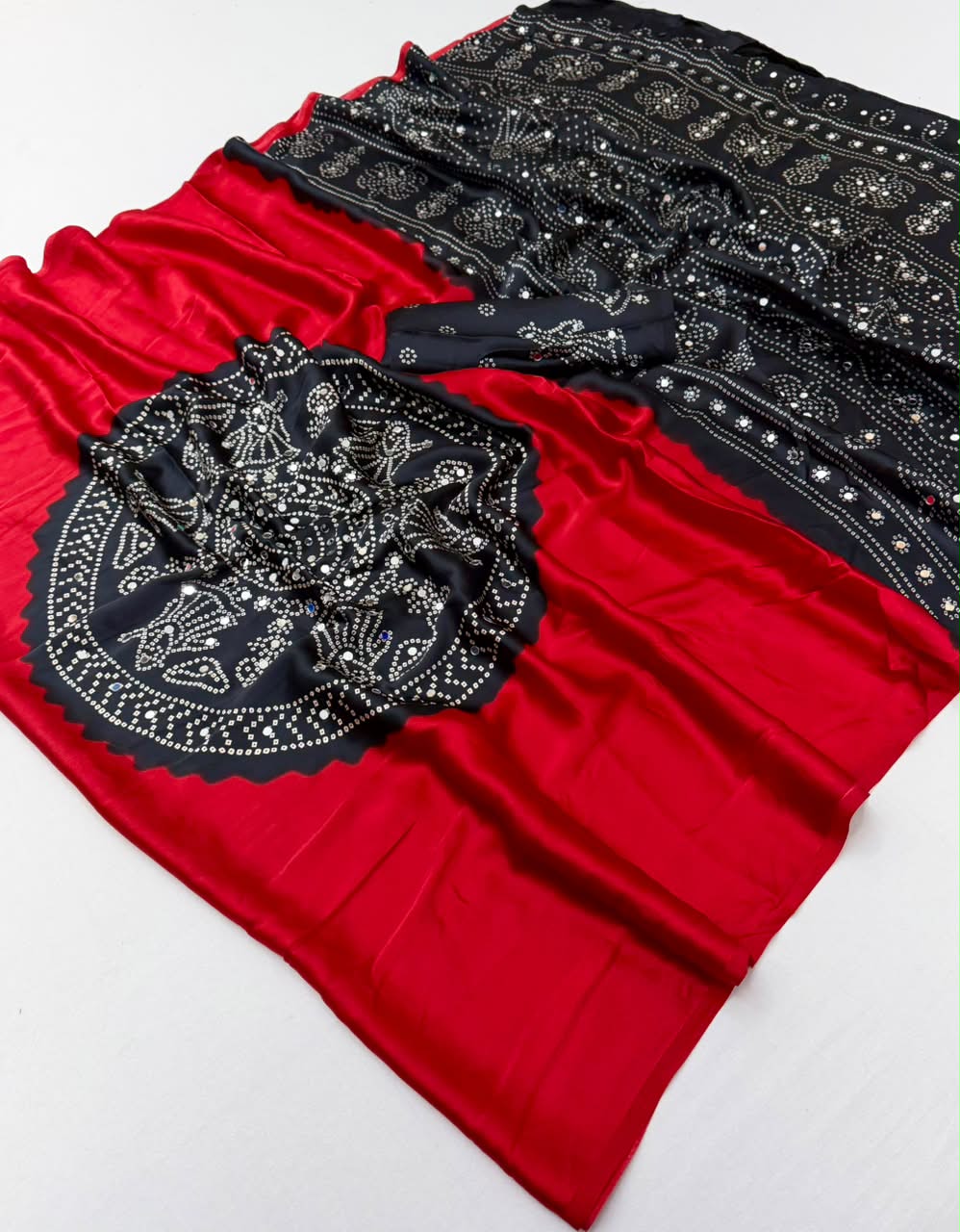 Fancy Look Series Gajji Satin Ajrakh Print Mirror Work Saree