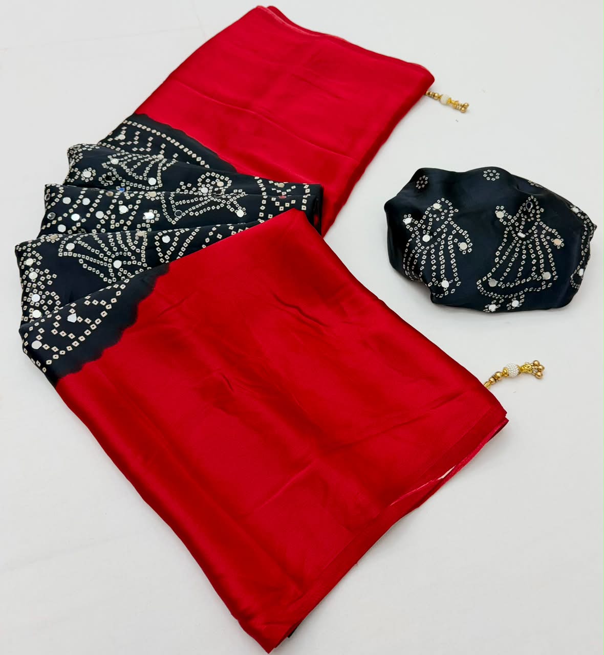 Fancy Look Series Gajji Satin Ajrakh Print Mirror Work Saree