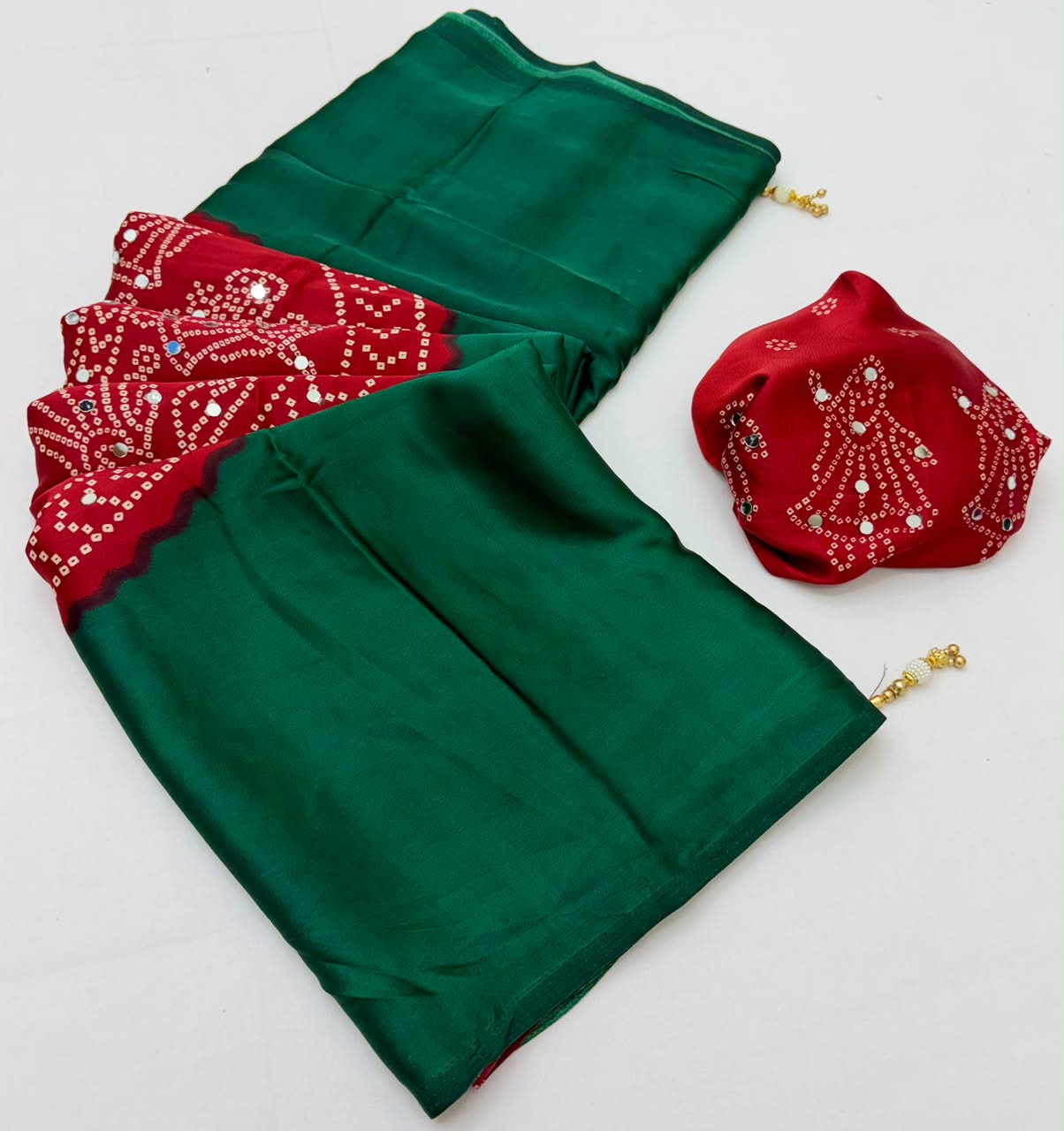 Fancy Look Series Gajji Satin Ajrakh Print Mirror Work Saree