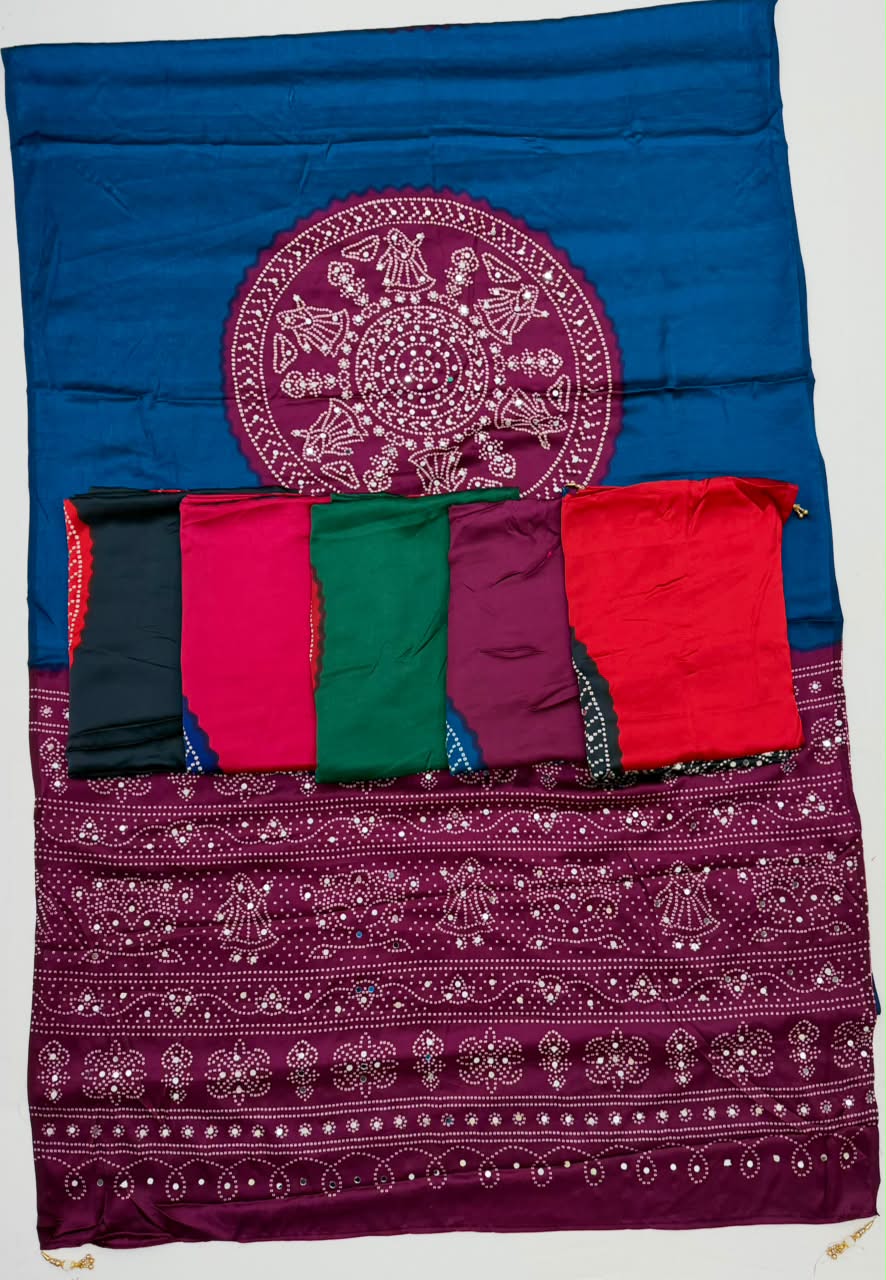 Fancy Look Series Gajji Satin Ajrakh Print Mirror Work Saree