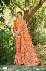 Krishnaleela Rutvi Fancy Fabrics Floral Printed Saree with Designer Border - 8 PCS Set