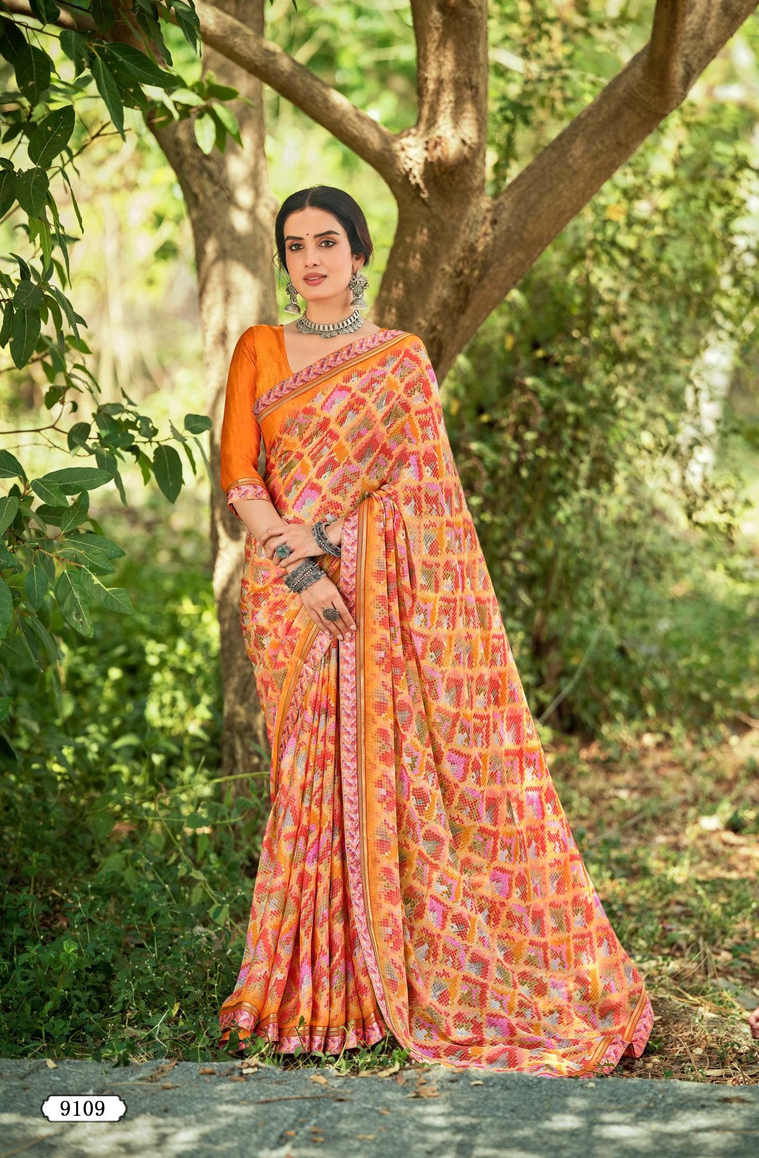 Krishnaleela Rutvi Fancy Fabrics Floral Printed Saree with Designer Border - 8 PCS Set