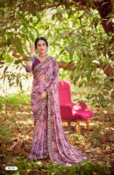 Krishnaleela Rutvi Fancy Fabrics Floral Printed Saree with Designer Border - 8 PCS Set