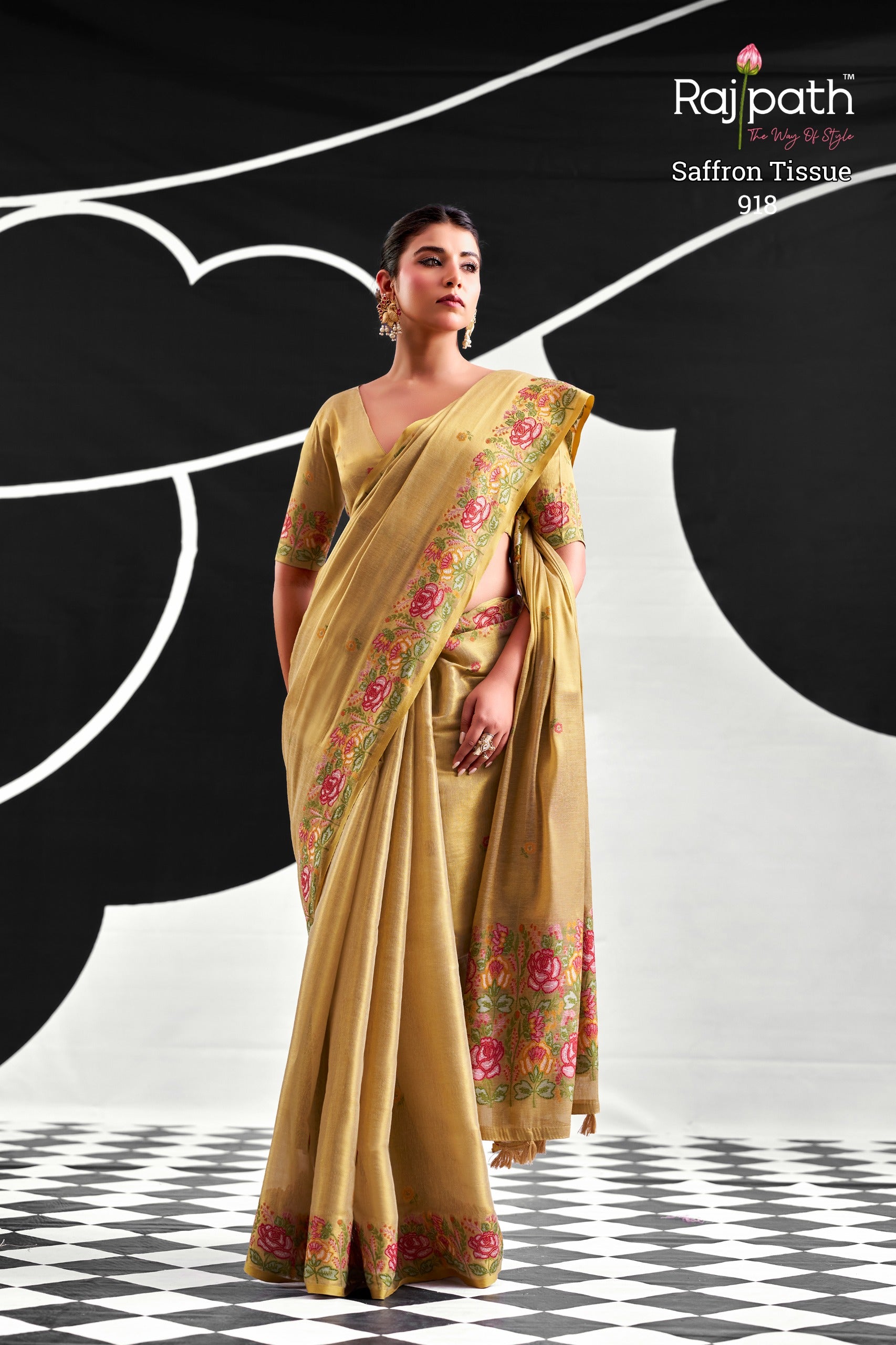RajPath Fabrics SAFFRON Tissue Silk Saree - 6 PCS Wholesale Set