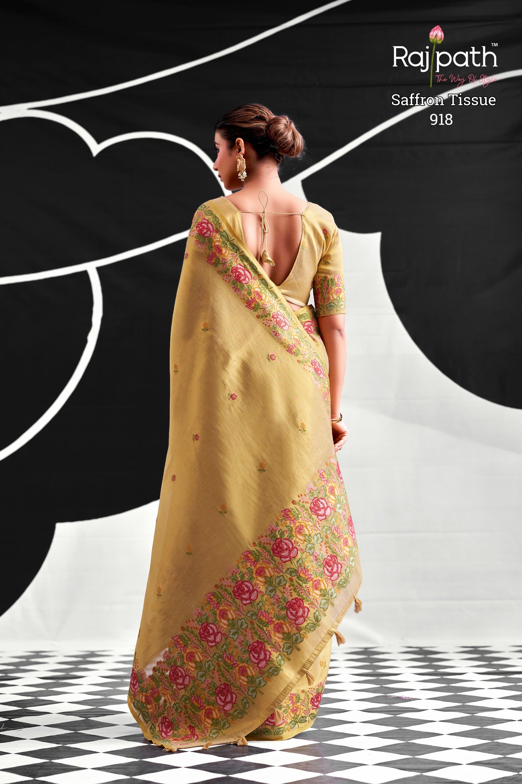 RajPath Fabrics SAFFRON Tissue Silk Saree - 6 PCS Wholesale Set