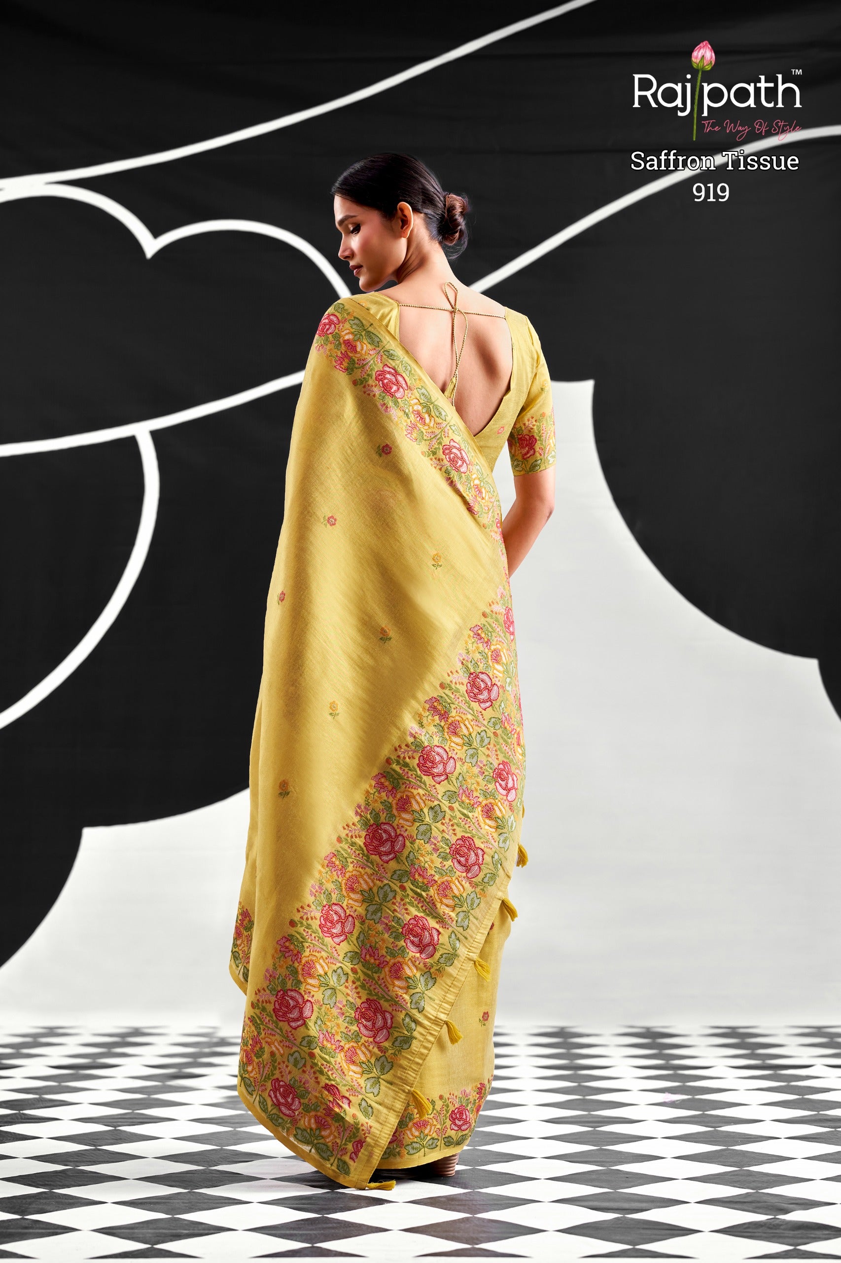 RajPath Fabrics SAFFRON Tissue Silk Saree - 6 PCS Wholesale Set