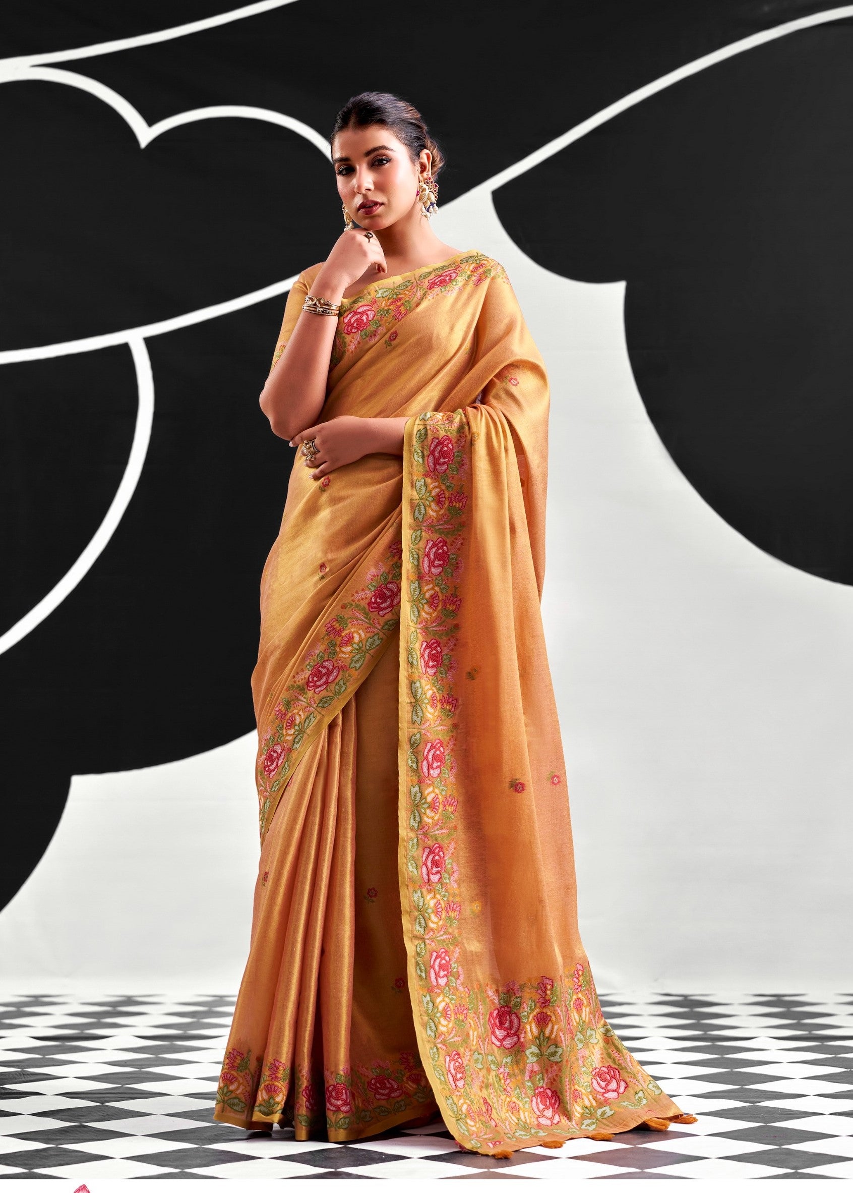 RajPath Fabrics SAFFRON Tissue Silk Saree - 6 PCS Wholesale Set
