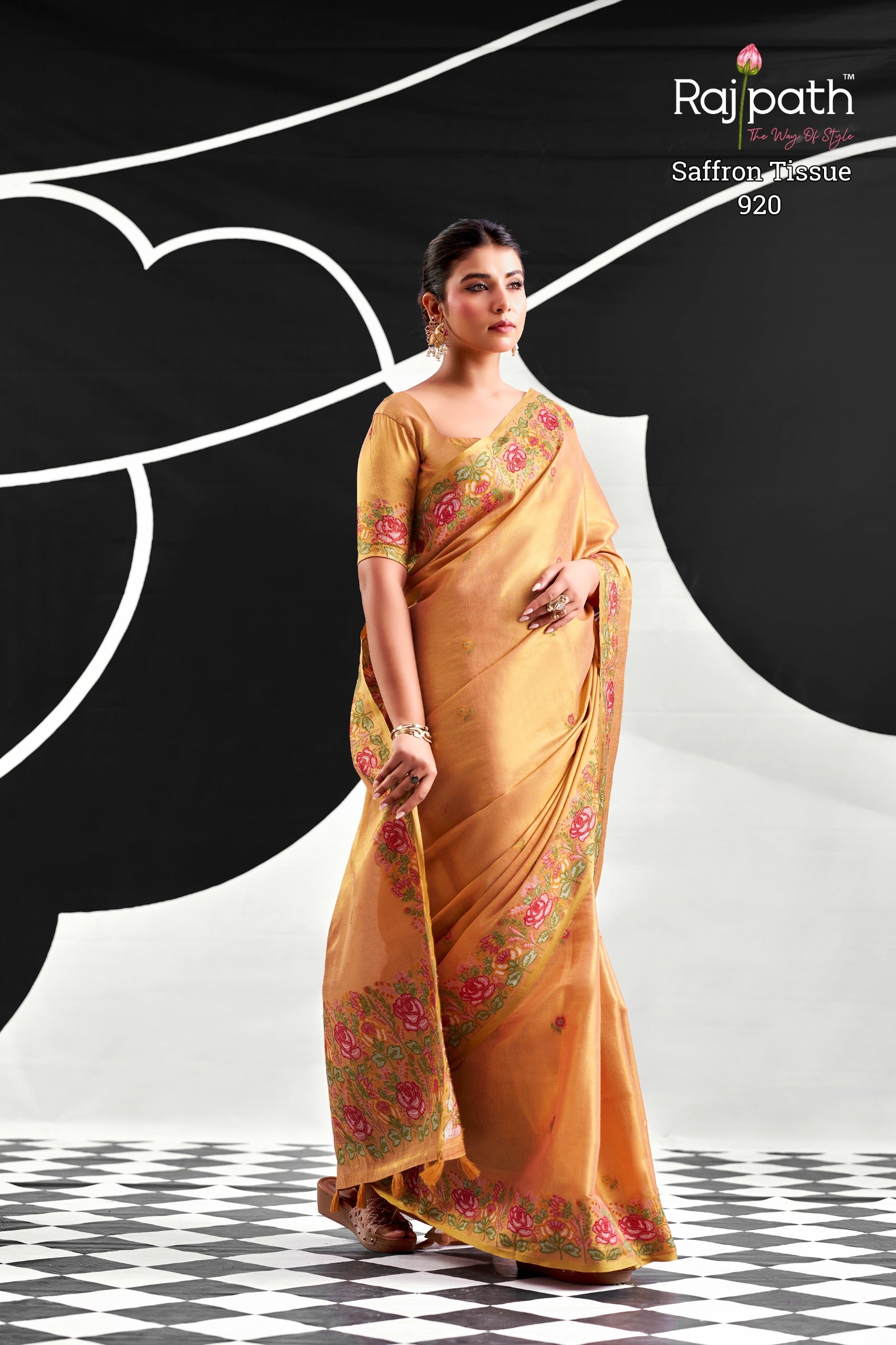 RajPath Fabrics SAFFRON Tissue Silk Saree - 6 PCS Wholesale Set