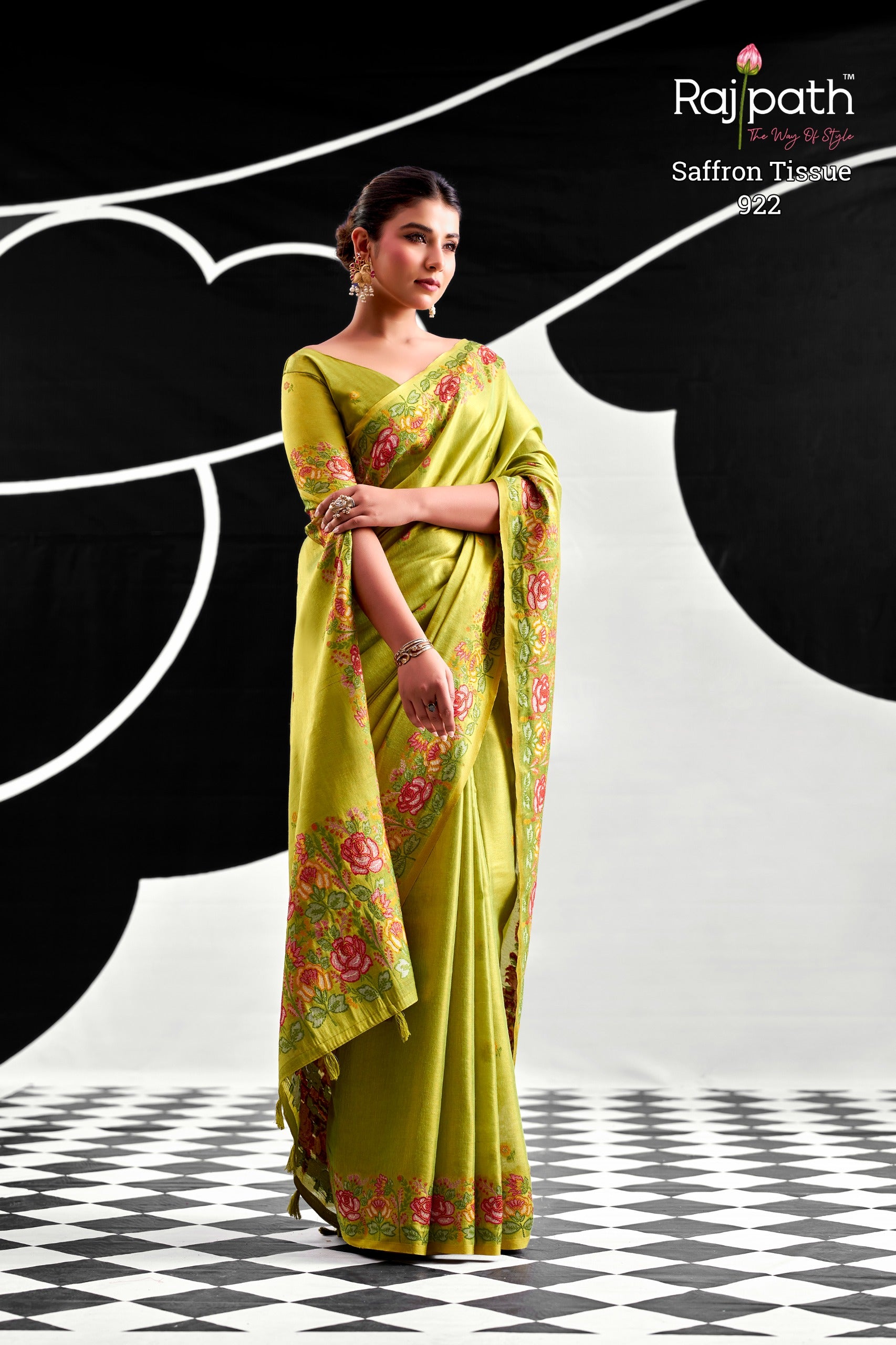 RajPath Fabrics SAFFRON Tissue Silk Saree - 6 PCS Wholesale Set