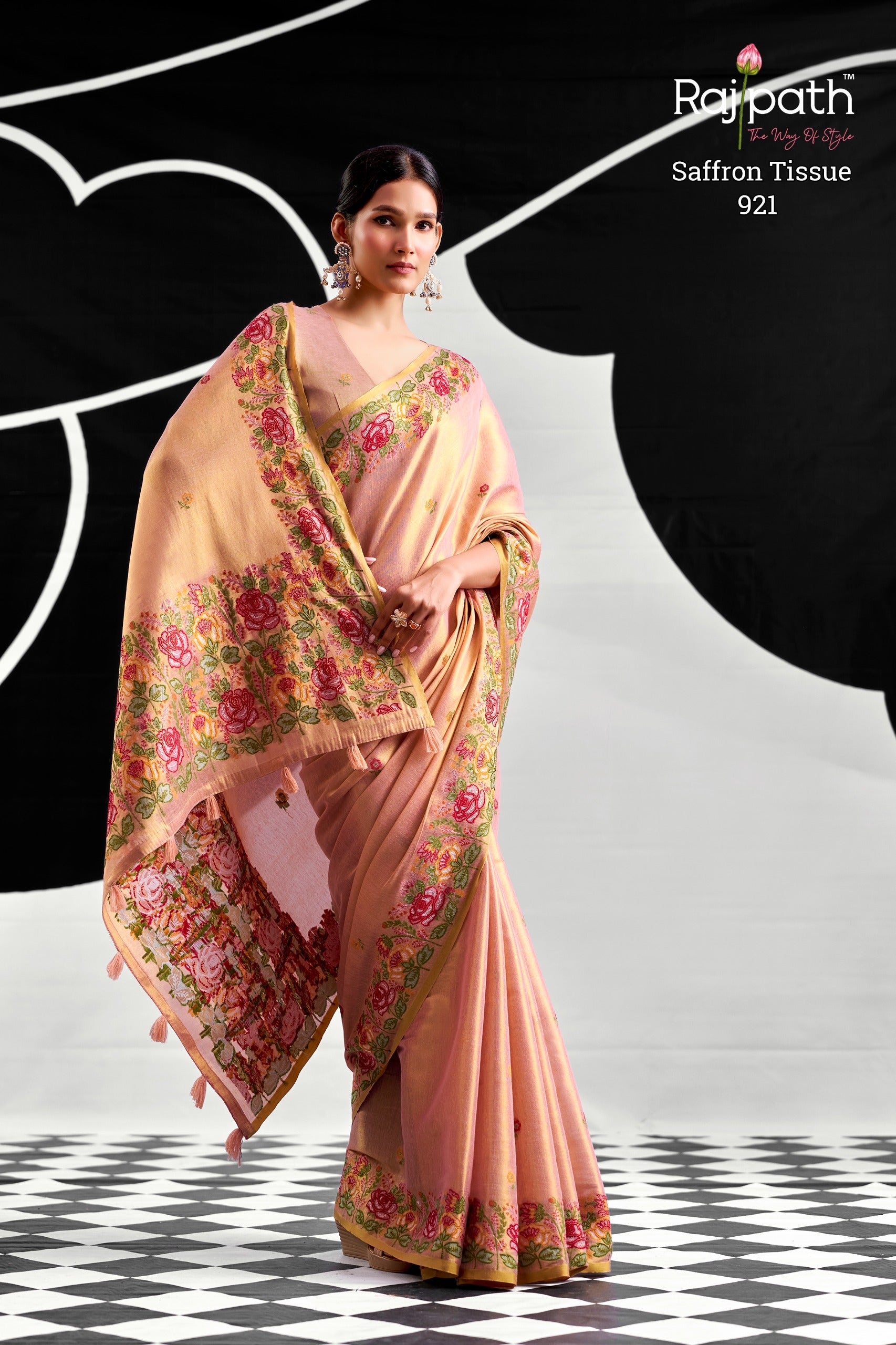 RajPath Fabrics SAFFRON Tissue Silk Saree - 6 PCS Wholesale Set