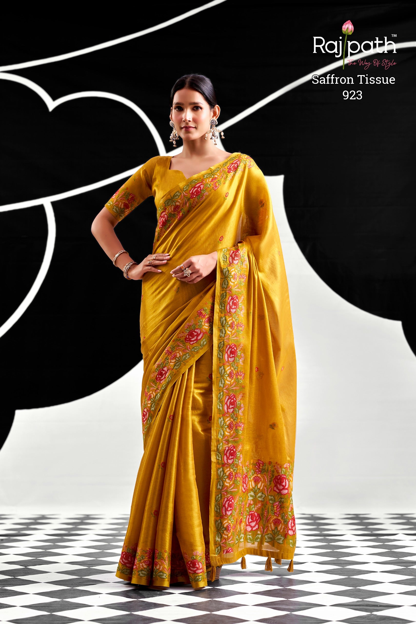 RajPath Fabrics SAFFRON Tissue Silk Saree - 6 PCS Wholesale Set