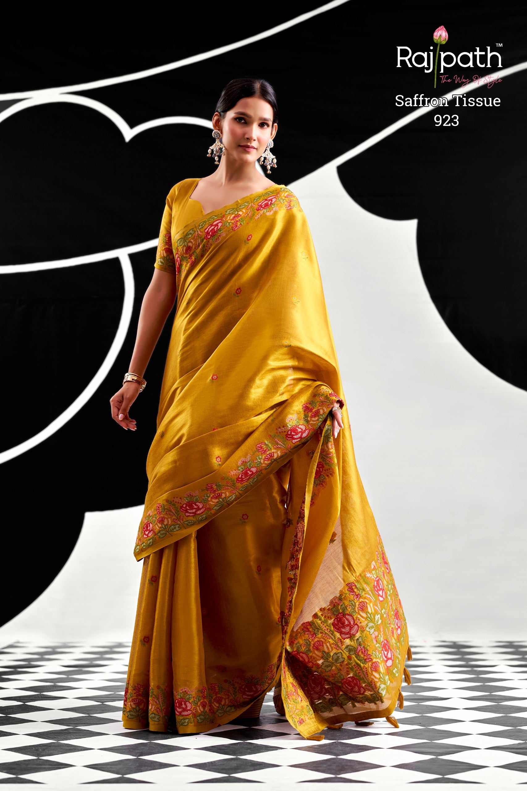 RajPath Fabrics SAFFRON Tissue Silk Saree - 6 PCS Wholesale Set