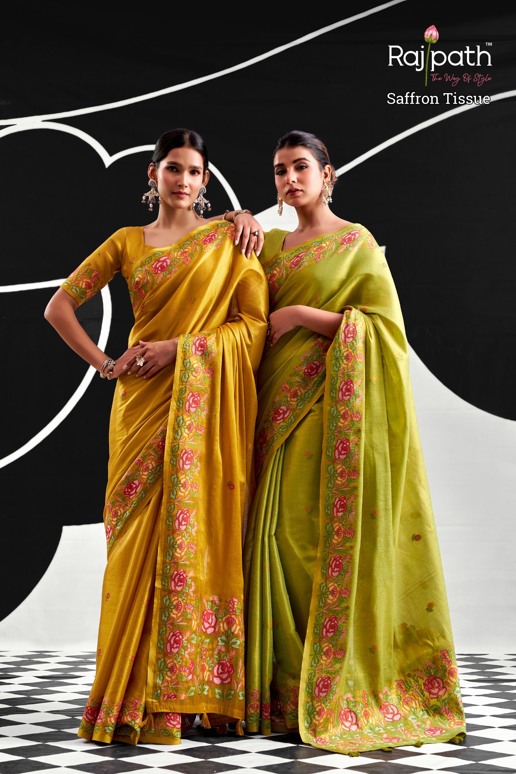 RajPath Fabrics SAFFRON Tissue Silk Saree - 6 PCS Wholesale Set