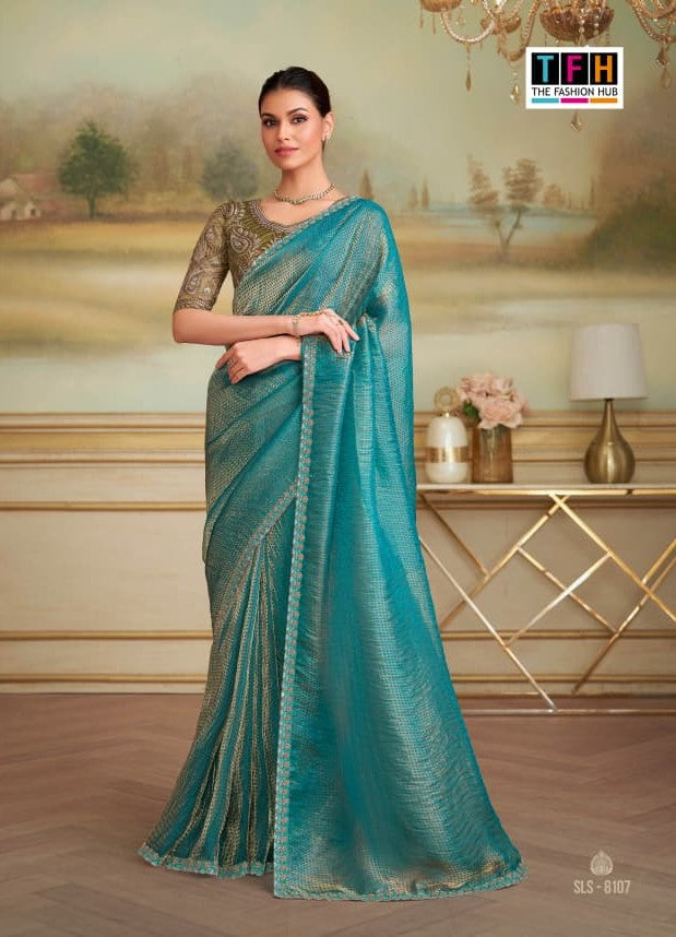 TFH SLS-8107 Teal Fancy Fabric Party Wear Saree
