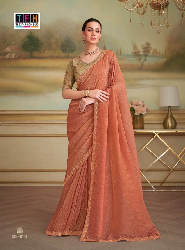 TFH SLS-8108 Peach Fancy Fabric Party Wear Saree